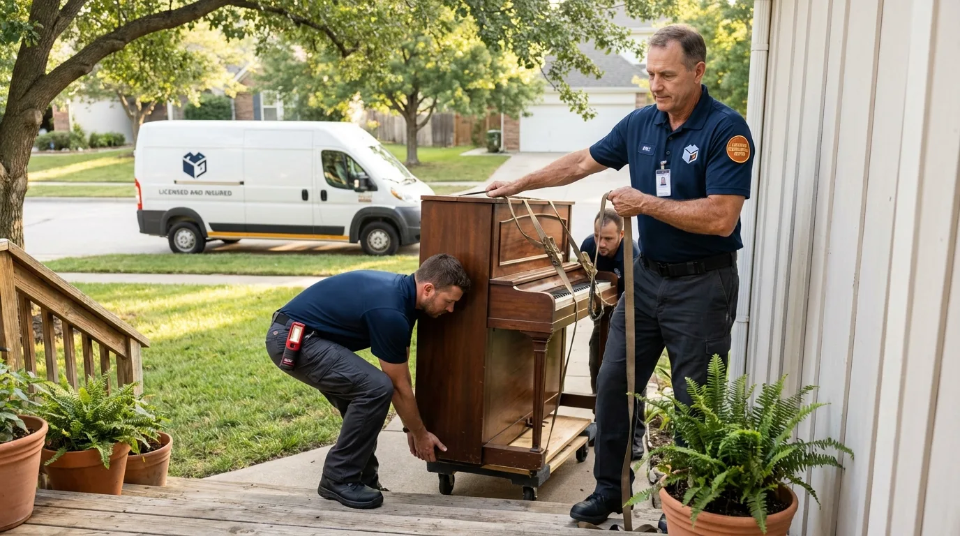 Licensed piano movers securing grand piano in Walnut Ridge, AR