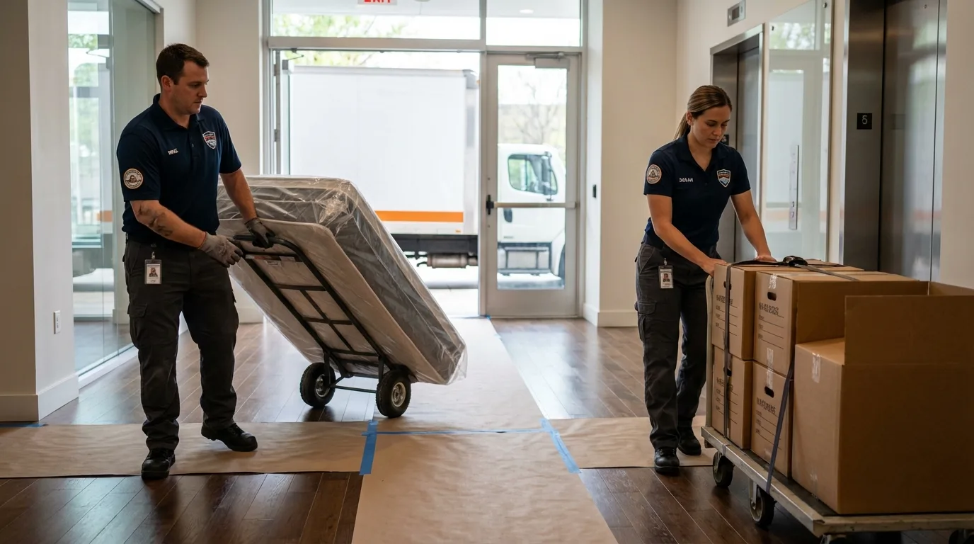 Professional apartment movers loading elevator in Walnut Ridge, AR